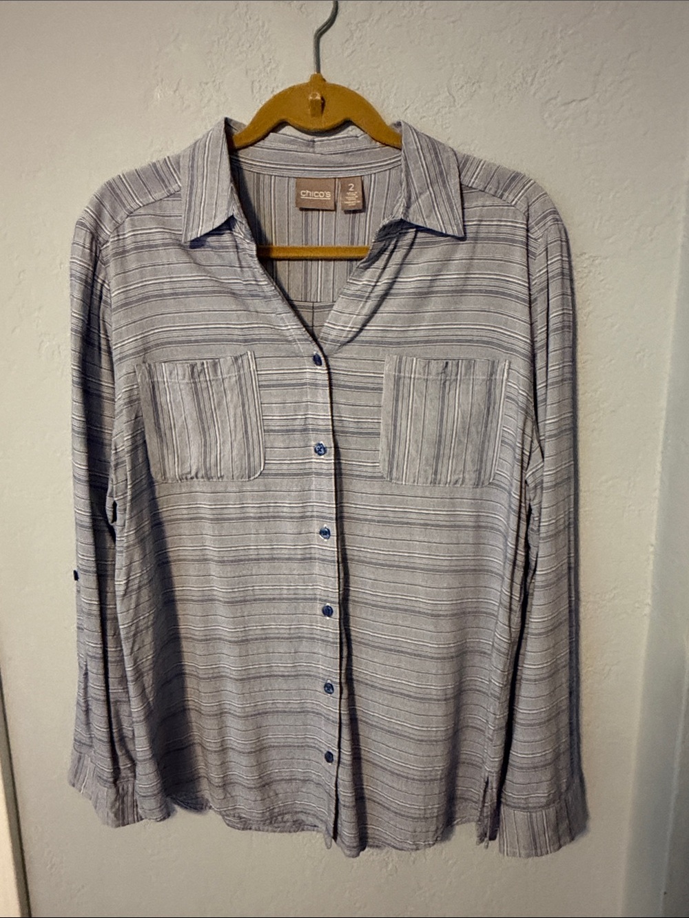 Chico's Blue Striped Button-Down Blouse